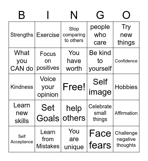 Self Esteem Bingo Card