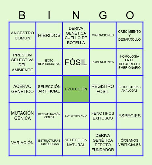 BIOLOGÍA EVOLUTIVA Bingo Card