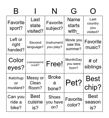 Getting to Know You! Bingo Card