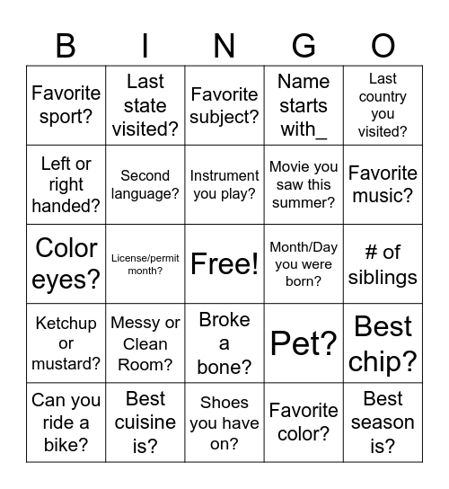 Getting to Know You! Bingo Card