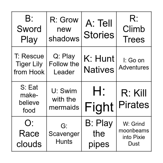 You’re having a blast in Neverland!. Cover/cross out all of the things that you and Peter do in Neverland according to the book Peter Pan. Bingo Card