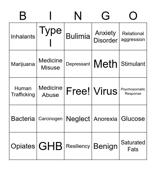 Intro to Health Bingo Card