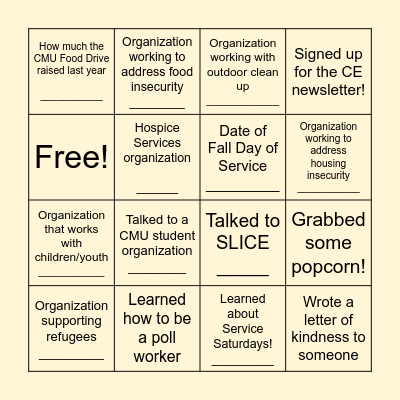 Volunteer Fair BINGO Card