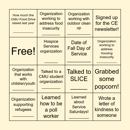 Volunteer Fair BINGO Card