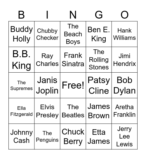 1950's and 1960's Bingo Card