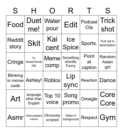 Yt shorts bingo Card