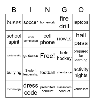 Student Handbook Bingo Card