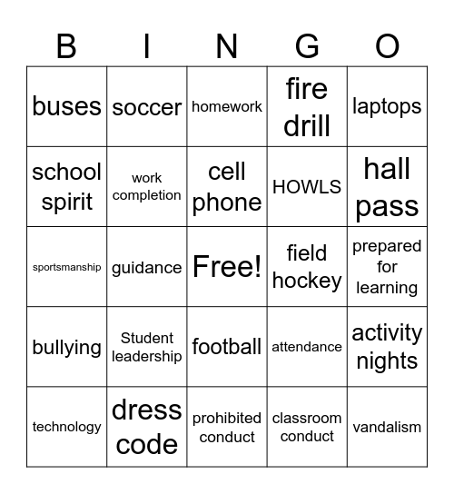 Student Handbook Bingo Card