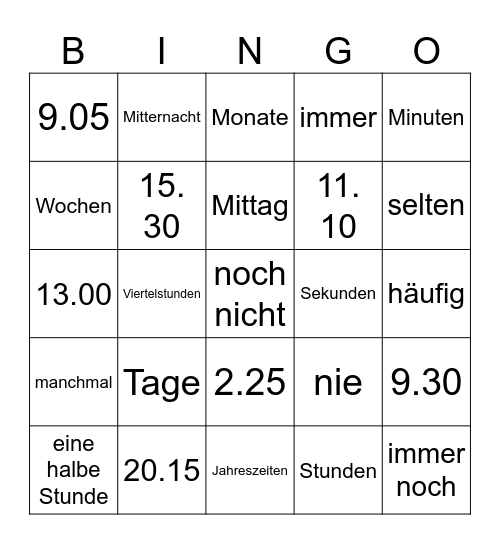 Zeiten und Uhrzeiten Bingo Card