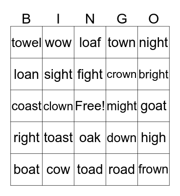 -oa/-ow/igh Words Bingo Card