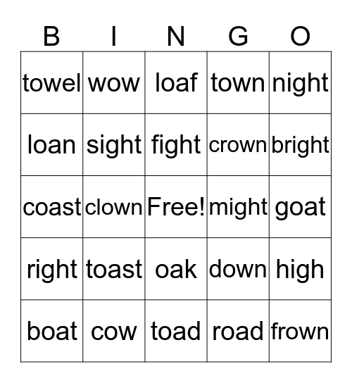 -oa/-ow/igh Words Bingo Card