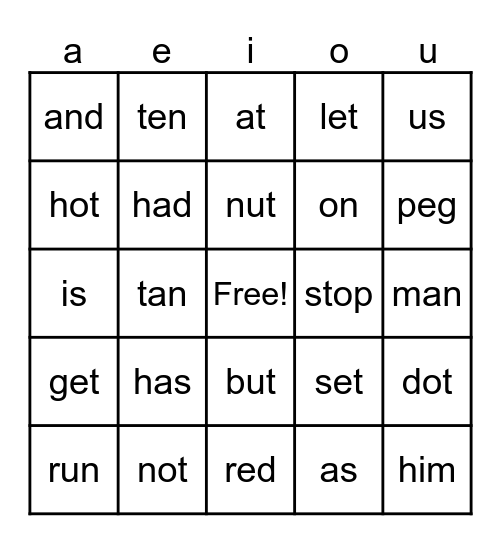 Short Vowels Review (41) Bingo Card