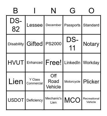 License and Passport Bingo Card