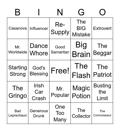 David's Pub Crawl Challenge Bingo Card