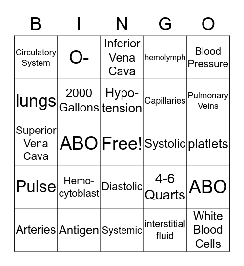 Circulatory System Bingo Card