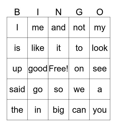 Sight Word Bingo Card