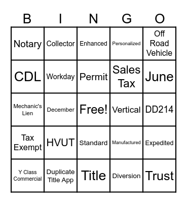 License and Passport Bingo Card