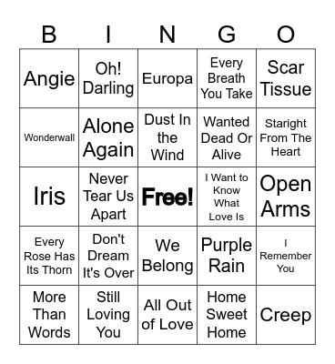 Rock Ballads Bingo Card