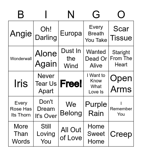 Rock Ballads Bingo Card