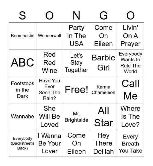 Bingo Bango Songo Round 1 Bingo Card