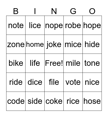 CVCe with "i" and "o" Bingo Card