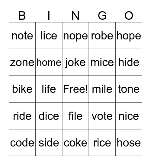 CVCe with "i" and "o" Bingo Card