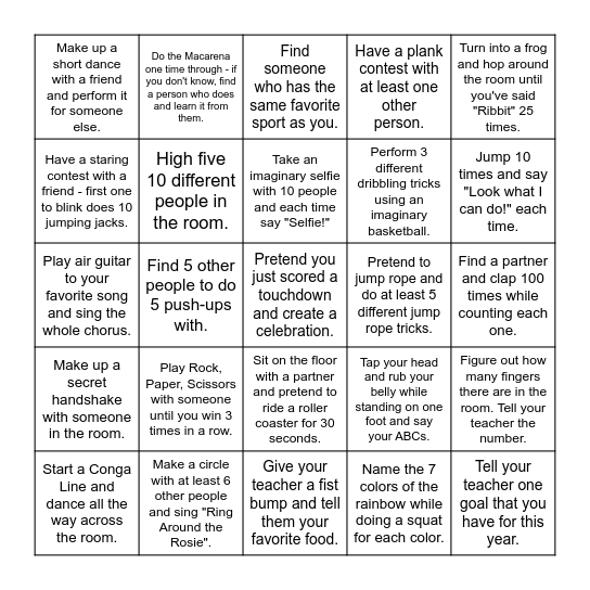 Physical Education Challenge Bingo Card