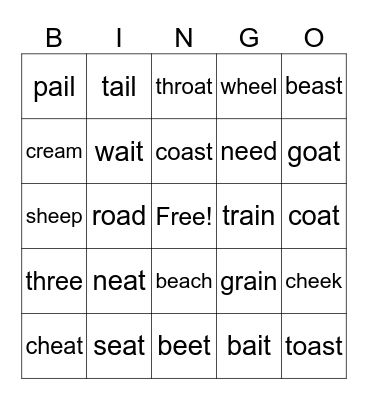ai, oa, ee, ea Bingo Card