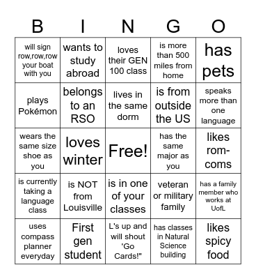 Getting to know you Bingo Card