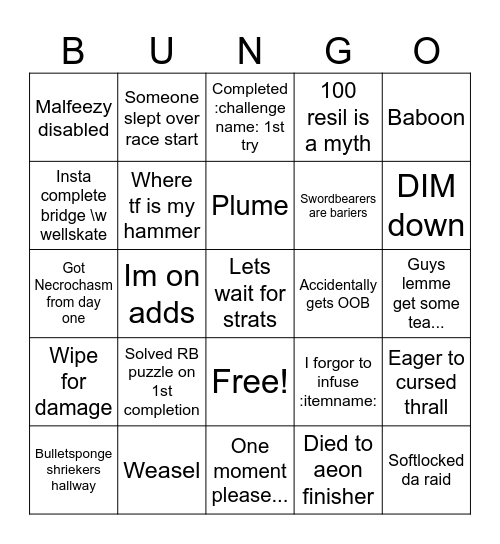 Crota's End Day One Bingo Card