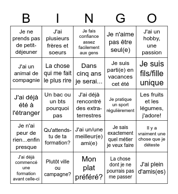 brise glace Bingo Card
