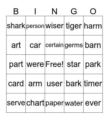 -ar/-er Words Bingo Card