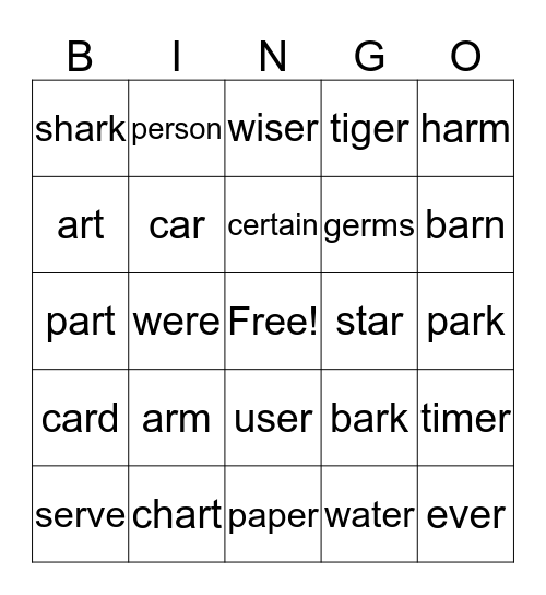 -ar/-er Words Bingo Card