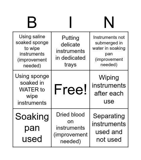 Instrument Handling Bingo Card