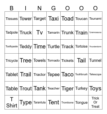T Things Bingo Card