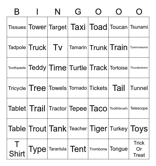 T Things Bingo Card