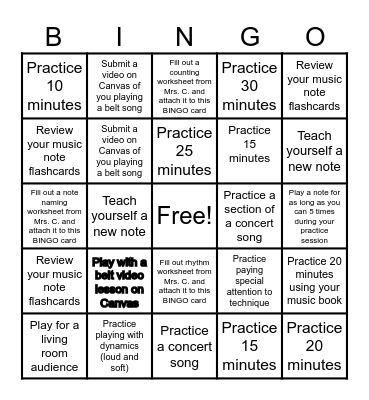 Musical Instrument BINGO Practice Sheet Bingo Card