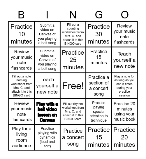 Musical Instrument BINGO Practice Sheet Bingo Card