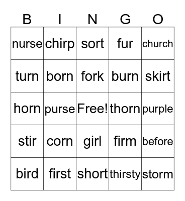 -or,-ir,-ur Words Bingo Card