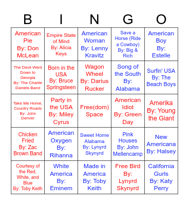 Songs of America Bingo Card