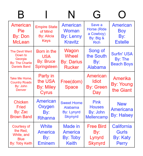 Songs of America Bingo Card