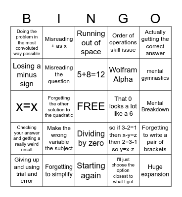 Doing Algebra Bingo Card