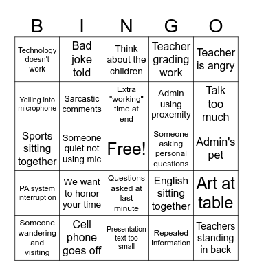 Staff Meeting Bingo Card