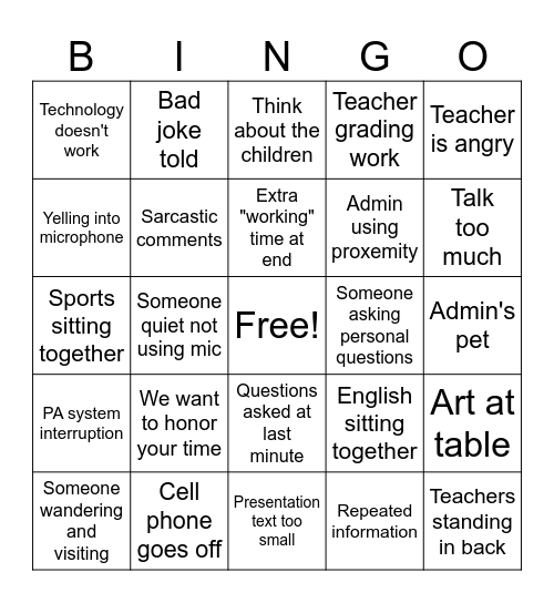 Staff Meeting Bingo Card