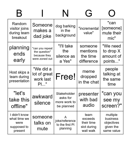 PI Planning Bingo Card