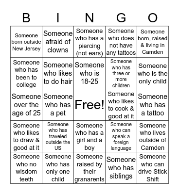 Getting to know you! Bingo Card