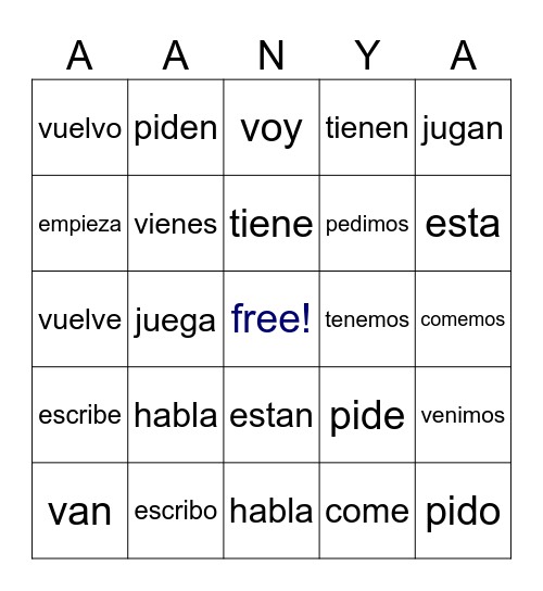 SPANISH WANISHHHHHHHHH Bingo Card