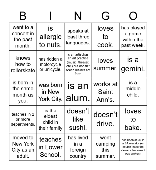 Saint Ann's Bingo Card