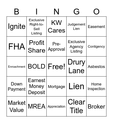 KW Real Estate Bingo Card