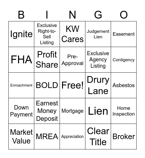 KW Real Estate Bingo Card